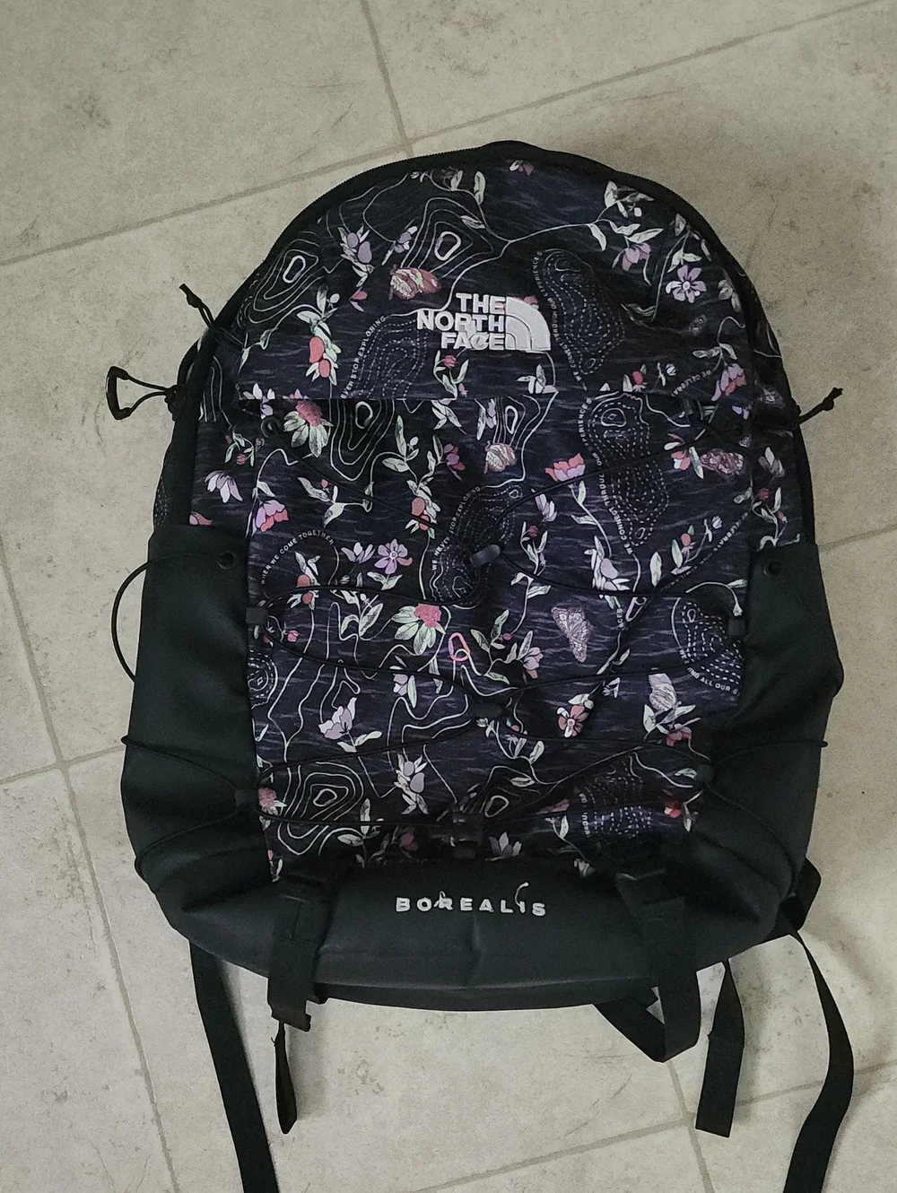 The North Face Borealis Backpack in Black with Pink Floral Print - Picture 1 of 11